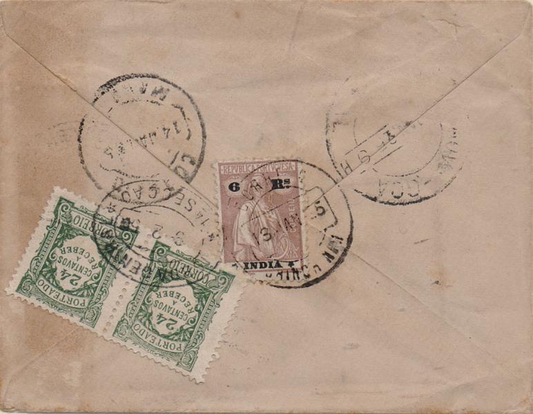 0506 f.jpg -     Lote:    506 (frente)                   Descrição:         Porteado. 1914 &mdash; Ceres. CE261, 6 reis castanho, denteado 12x11 &frac12;, estrelas III/II em sobrescrito circulado de Chinchinim (13.01.25) para Lisboa (09.02.25) com trânsito por Margão e Nova Goa. Porteado por insuficiência de franquia com par de selos de 24c CE POR35.        Carta       Valor Base:     &euro; 30,00     Valor Venda:     &euro;      